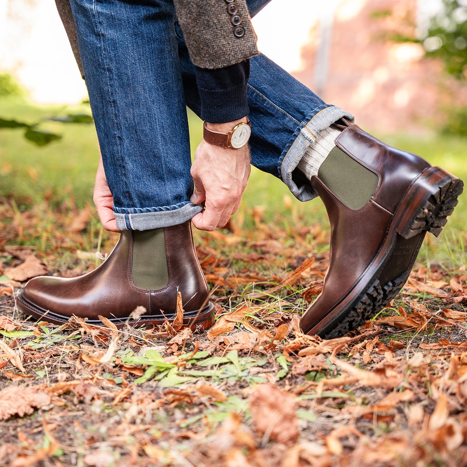 Lennertson Brown Pull-up Leather Chelsea Boot with Green Elastic
