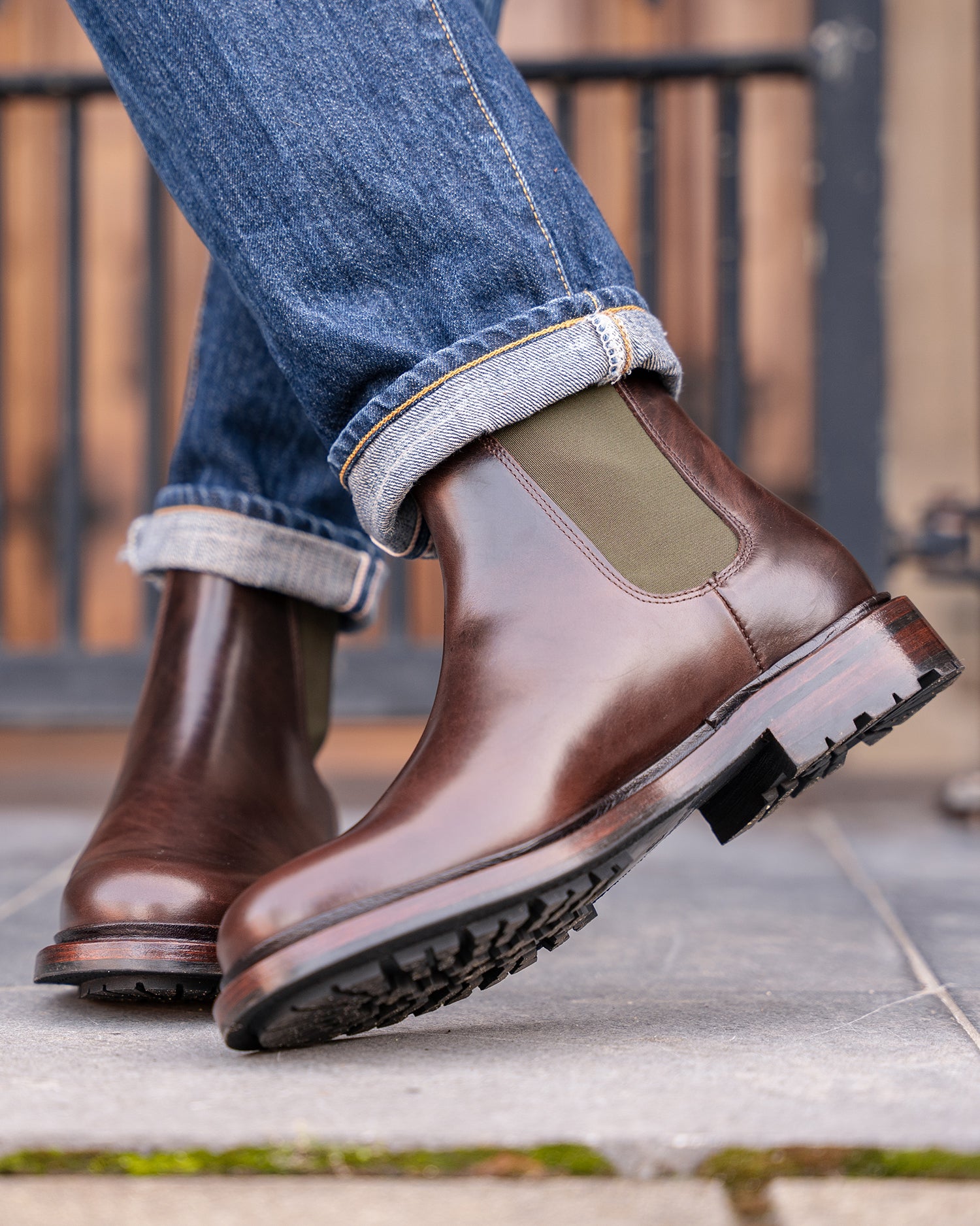 Lennertson Brown Pull up Leather Chelsea Boot with Green Elastic Goodyear Welted Lennertson Shoes