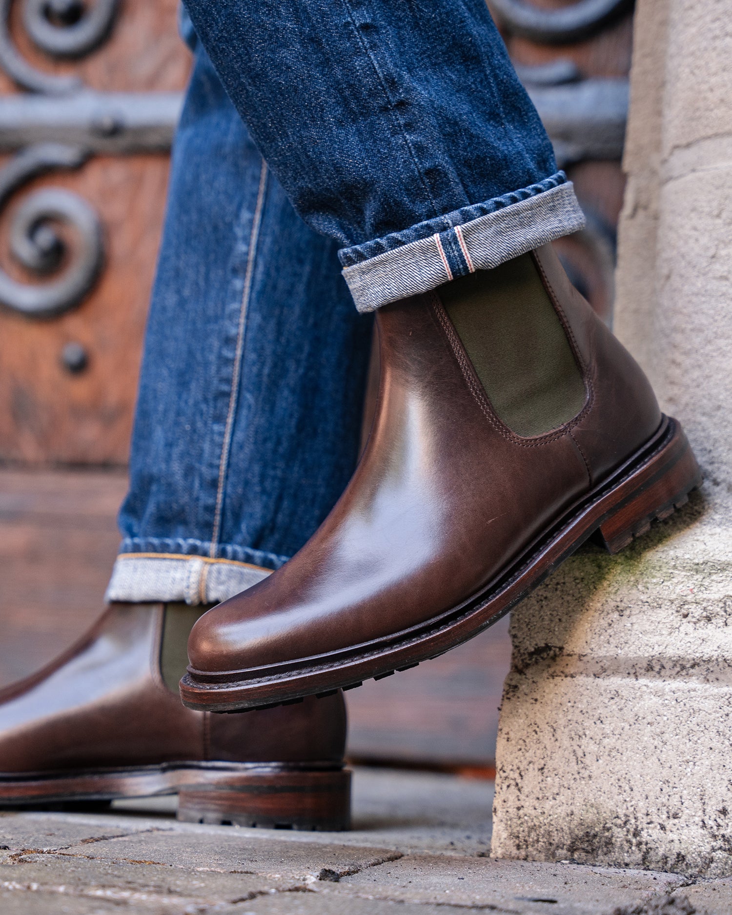 Lennertson Brown Pull-up Leather Chelsea Boot with Green Elastic - Goodyear Welted Lennertson Brown Pull-up Leather Chelsea Boot with Green Elastic - Goodyear Welted